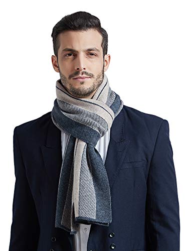 WANYING Herren Kaschmir Schal (65% Wolle+35% Kaschmir) Wolleschal Strickschal Herrenschal Extra Warm Weich für Winter Herbst - Gestreift Anthrazit & Dunkelbeige von WANYING