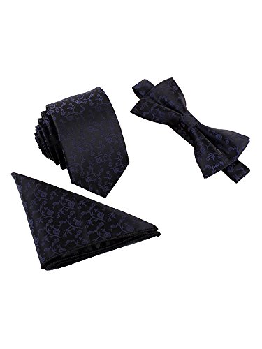 WANYING Herren Klassische 6 * 12cm Fliege & 6cm Schmale Krawatte & 22 * 22 cm Einstecktuch 3 in 1 Sets - Dunkelblau Geblümt Schwarz von WANYING