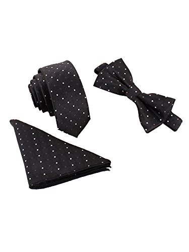 WANYING Herren Klassische 6 * 12cm Fliege & 6cm Schmale Krawatte & 22 * 22 cm Einstecktuch 3 in 1 Sets - Gepunket Schwarz von WANYING