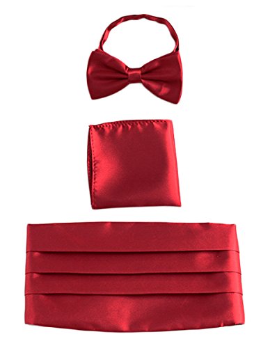 WANYING Herren Satin Kummerbund Fliege Einstecktuch 3 in 1 Set für Hochzeit Party Ball Banquet Smoking Gentleman - Einfarbig Bordeaux Rot von WANYING