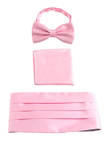 Herren Satin Kummerbund Fliege Einstecktuch 3 in 1 Set für Hochzeit Party Ball Banquet Smoking Gentleman - Einfarbig Hellrosa von WANYING