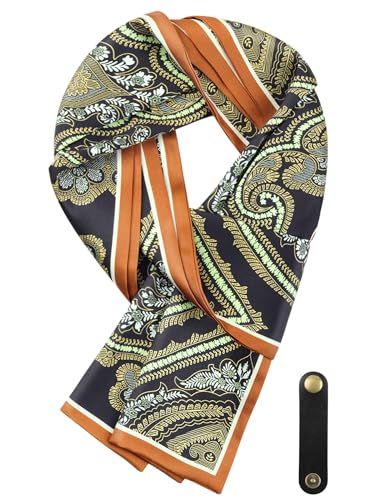 WANYING Herren Schal aus Kunstseiden Krawattenschal Ascot Multifunktion Halstuch Langer Schal mit Leder Loop Casual Business Gentleman 16 * 149 cm - Druckmuster Schwarz Braun Retro Pattern von WANYING