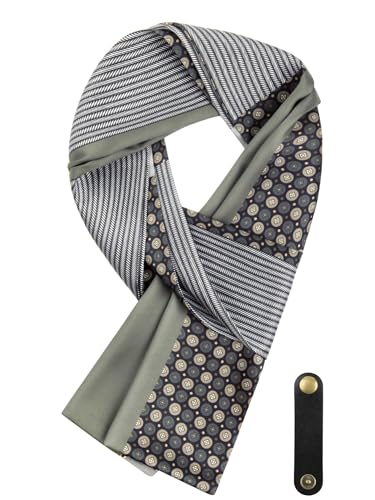 WANYING Herren Schal aus Kunstseiden Krawattenschal Ascot Multifunktion Halstuch Langer Schal mit Leder Loop Casual Business Gentleman 16 * 149 cm - Druckmuster Schwarz Geometrisches Pattern von WANYING