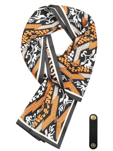 WANYING Herren Schal aus Kunstseiden mit Leder Loop Multifunktion Langer Schal Halstuch Ascot Krawattenschal Mehrere Tragemöglichkeiten 16 * 149 cm - Druckmuster Braun und Schwarz (Reversible) von WANYING