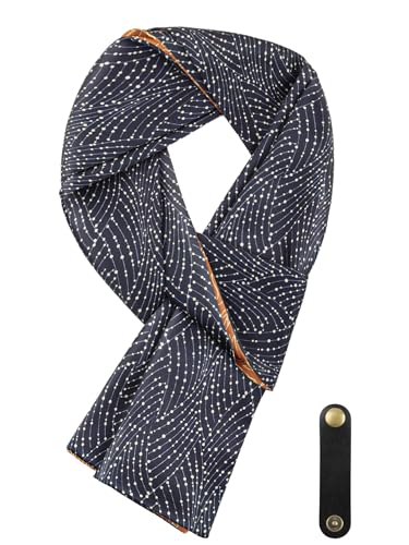 WANYING Herren Schal aus Kunstseiden mit Leder Loop Multifunktion Langer Schal Halstuch Ascot Krawattenschal Mehrere Tragemöglichkeiten 16 * 149 cm - Druckmuster Orangebraun & Dunkelblau (Reversible) von WANYING
