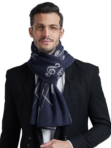 WANYING Herren Strickschal 6% Wolle Gestrickter Schal Herrenschal Wolleschal für Herbst Winter Casual Business - Musik Notiz Muster Dunkelblau & Grau von WANYING