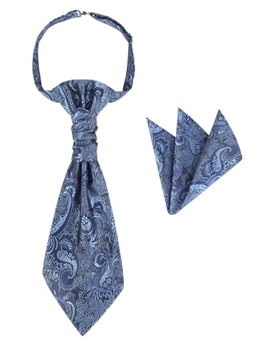 WANYING Herren Vorgebunden Plastron Krawatte & Einstecktuch 2 in 1 Set Verstellbar mit Hakenverschluß Hochzeitskrawatte auf Hochzeiten - Paisley Pattern Dunkelblau von WANYING