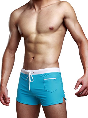 WANYING Herren Wassersport Schwimmen Trunks Tiefer Bund Badeshorts Badehosen mit Reißverschluss Taschen Schnelltrocknend - Blau Größe M von WANYING