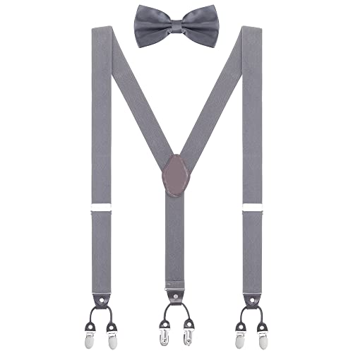 WANYING Herren Y-Form 6 Clips Hosenträger & Fliegen 2 in 1 Set|3,5cm Breit Verlängerte Hosenträger für Körpergröße 170-200cm - Einfarbig Kariert Dunkelgrau von WANYING