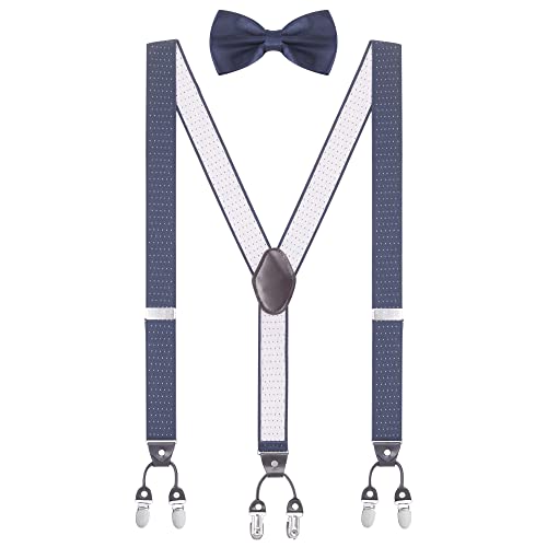 WANYING Herren Y-Form 6 Clips Hosenträger & Fliegen 2 in 1 Set|3,5cm Breit Verlängerte Hosenträger für Körpergröße 170-200cm - Gepunktet Dunkelblau von WANYING