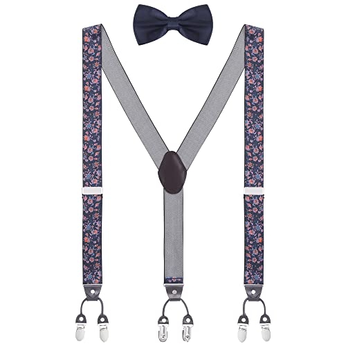 WANYING Herren Y-Form 6 Clips Hosenträger & zwei Fliegen 2 in 1 Set|3,5cm Breit Verlängerte Hosenträger für Körpergröße 170-200cm - Gedruckt Rosa Blumen & Jeansblau von WANYING