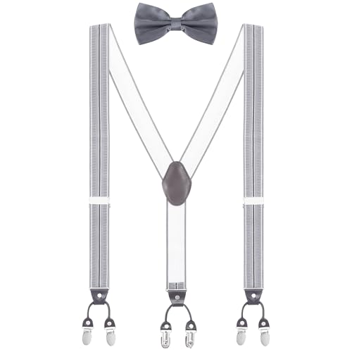 WANYING Herren Y-Form 6 Clips Hosenträger & zwei Fliegen 3 in 1 Set|3,5cm Breit Verlängerte Hosenträger für Körpergröße 170-200cm - Gestreift Schwarz Grau von WANYING