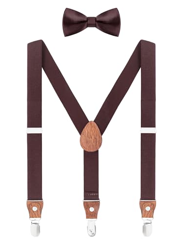 WANYING Hosenträger Fliege Set für Kleinkind Kinder Jungen Mädchen 3-8 Jahre alt Y Form 3 Clips Breite 2,5cm Elastische Hosenträger - Einfarbig Dunkelbraun von WANYING