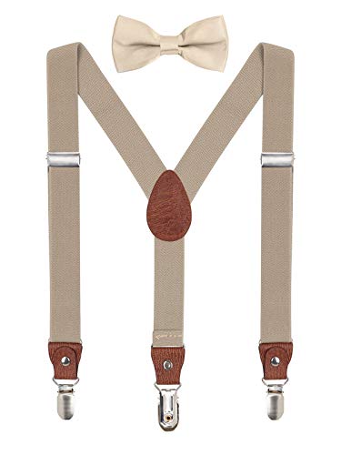 WANYING Hosenträger Fliege Set für Kleinkind Kinder Jungen Mädchen 3-8 Jahre alt Y Form 3 Clips Breite 2,5cm Elastische Hosenträger - Einfarbig Khaki von WANYING