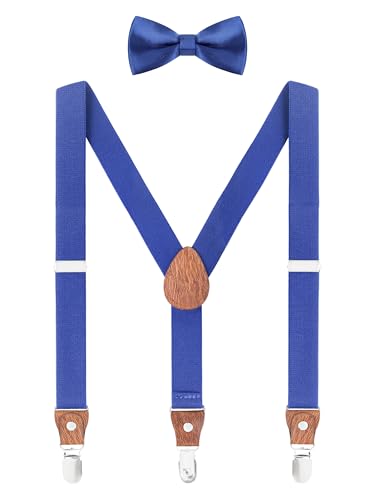 WANYING Hosenträger Fliege Set für Kleinkind Kinder Jungen Mädchen 3-8 Jahre alt Y Form 3 Clips Breite 2,5cm Elastische Hosenträger - Einfarbig Königblau von WANYING