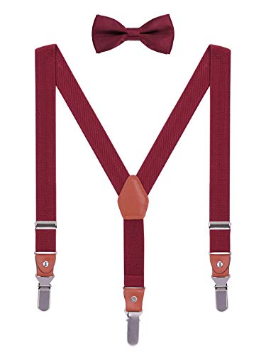 WANYING Kinder Kleinkind Jungen Mädchen Hosenträger Fliege Set 3 Starken Langen Clips Y Form Elastische Hosenträger für Körpergröße 95-130cm - Bordeaux Rot von WANYING