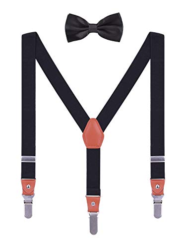 WANYING Kinder Kleinkind Jungen Mädchen Hosenträger Fliege Set 3 Starken Langen Clips Y Form Elastische Hosenträger für Körpergröße 95-130cm - Schwarz von WANYING