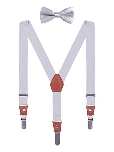 WANYING Kinder Kleinkind Jungen Mädchen Hosenträger Fliege Set 3 Starken Langen Clips Y Form Elastische Hosenträger für Körpergröße 95-130cm - Hellgrau von WANYING