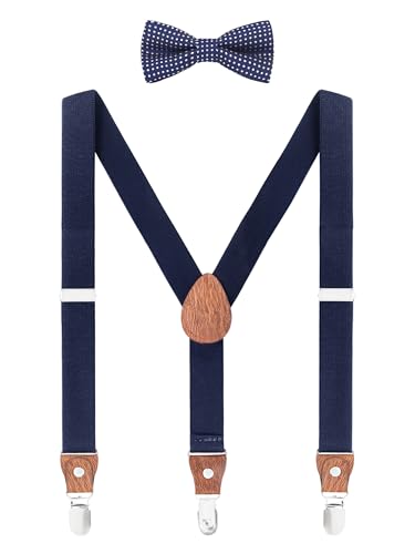 WANYING Unisex Kleinkind Kinder Hosenträger Fliege Set - Y Form 3 Clips Breite 2,5cm Elastische Hosenträger & Gepunktete Fliege für 3-8 Jahre alt - Dunkelblau von WANYING
