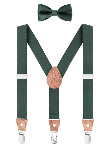 WANYING Unisex Kleinkind Kinder Hosenträger Fliege Set - Y Form 3 Clips Breite 2,5cm Elastische Hosenträger & Fliege für 3-8 Jahre alt - Dunkelgrün von WANYING