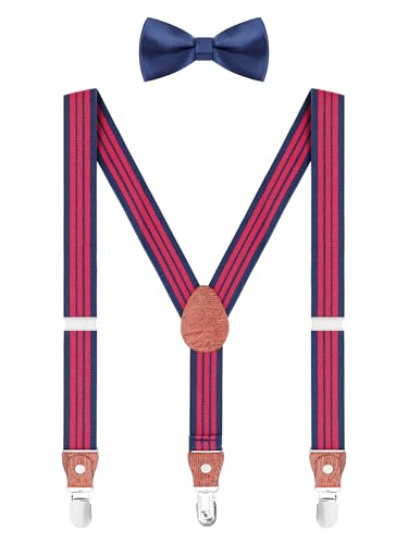 WANYING Unisex Kleinkind Kinder Hosenträger Fliege Set - Y Form 3 Clips Breite 2,5cm Elastische Hosenträger & Fliege für 3-8 Jahre alt - Gestreift Dunkelblau Rot von WANYING
