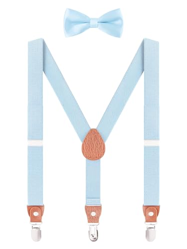 WANYING Unisex Kleinkind Kinder Hosenträger Fliege Set - Y Form 3 Clips Breite 2,5cm Elastische Hosenträger & Fliege für 3-8 Jahre alt - Hellblau von WANYING