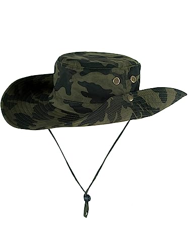 WANYING Unisex Outdoor Sonnenhut Cowboy Bonnie Hut Fischerhut Angel-Kopfbedeckung Safari Outback Sonnenschutz Baumwolle Two Way to Wear für Kopfumfang 55-62 cm - Camouflage Armee Grün von WANYING