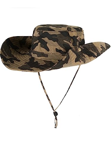 WANYING Unisex Outdoor Sonnenhut Cowboy Bonnie Hut Fischerhut Angel-Kopfbedeckung Safari Outback Sonnenschutz Baumwolle Two Way to Wear für Kopfumfang 55-62 cm - Camouflage Khaki von WANYING