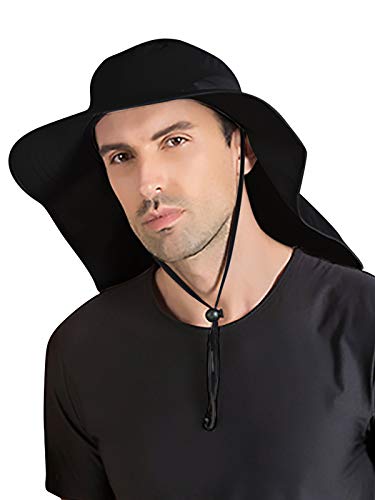 Unisex UV Schutz Sonnenhut mit 33cm Langem Nackenschutz 12cm Großer Krempe Hut für Outdoor Safari Angeln Camping Gartenarbeit - für Kopfumfang 56-60cm Einfarbig Schwarz von WANYING
