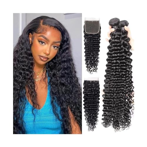 Brazilian Hair Bundles Brasilianische Echthaar-Bündel mit Verschluss, tiefe Wellen, Echthaar-Webart, natürliches schwarzes Remy-Haar, Bündel mit Spitzenfront for schwarze Frauen Human Hair Bundles Wea von WAOCEO