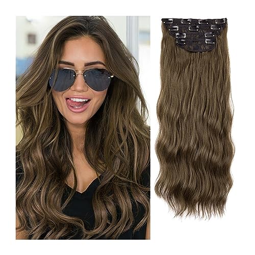 Haarverlängerungen Haarverlängerungen, 4 Stück, Clip-in-Haarverlängerungen, gelockt, gewellt, dick, voller Kopf, synthetische lange natürliche schwarze Haarteile for Frauen und Mädchen, 50,8 cm Haarst von WAOCEO