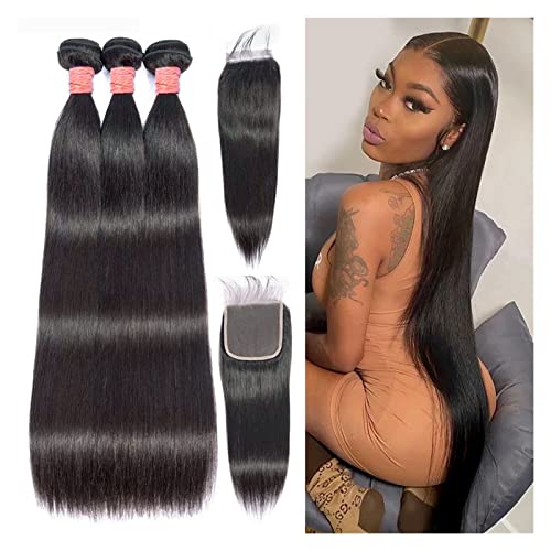 Human Hair Bundles 3 stücke schuss & 1 PC Verschlussbündel Bündel 832 Zoll Gerade peruanische Haarwebart Bündel mit mittlerem Teil 5 × 5 Spitzenverschluss menschliche Haare Gewebt for schwarze Frauen von WAOCEO