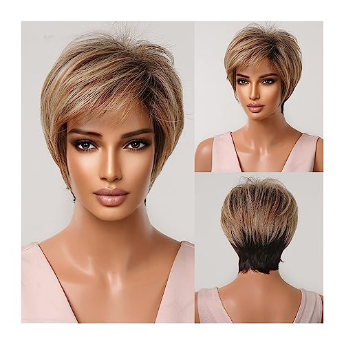 Perücken Cosplay-Perücke, geschichtet, hitzebeständig, braun, Pixie-Schnitt, synthetische Perücken for Frauen, kurze gerade, rotbraune Highlights-Perücke mit Pony perücke fasching (Color : LC2020-11 von WAOCEO