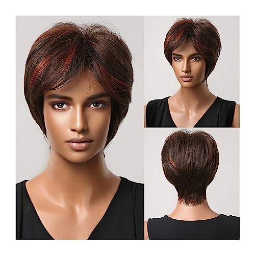 Perücken Cosplay-Perücke, geschichtet, hitzebeständig, braun, Pixie-Schnitt, synthetische Perücken for Frauen, kurze gerade, rotbraune Highlights-Perücke mit Pony perücke fasching (Color : LC2020-3) von WAOCEO