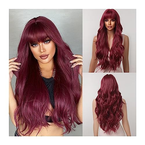 Perücken Cosplay Tägliche Naturhaarperücke Hitzebeständige Faser Weinrote synthetische Perücken Burgunderrote lange gewellte Perücken mit Pony for schwarze Frauen perücke fasching (Color : Wig LC2074 von WAOCEO