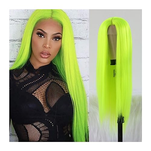 Perücken Gerade hellblaue Perücke mit Mittelteil, Hochtemperaturfaser for Frauen, Party, Show, blaue synthetische Spitzenperücken, lange Seide perücke fasching (Color : Neon Green) von WAOCEO