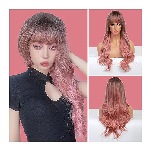 Perücken Natürliche Welle for Frauen, Cosplay, natürliche Perücke, hitzebeständig, lange gewellte Ombre-Braun-Rosa-Synthetik-Perücken mit Pony perücke fasching (Color : LC5207-1, Size : 1 PC) von WAOCEO