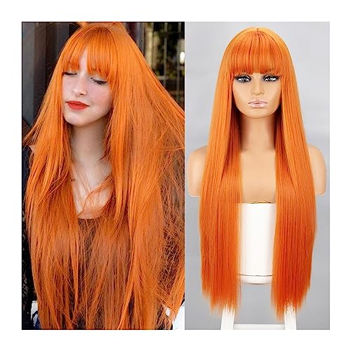 Perücken Orange synthetische Perücken, lange gerade Perücken mit Pony for Frauen, rosa rot, Cosplay, Party, täglicher Gebrauch, natürliches Haar perücke fasching von WAOCEO