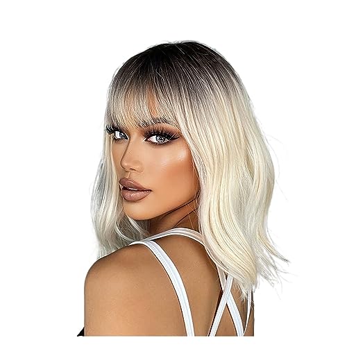 Perücken Welle Cosplay Lolita Naturhaar hitzebeständige Ombre Braun Blonde synthetische Perücken kurze gewellte Bob Perücke for Frauen mit Pony Körper Für die tägliche Party. von WAOCEO