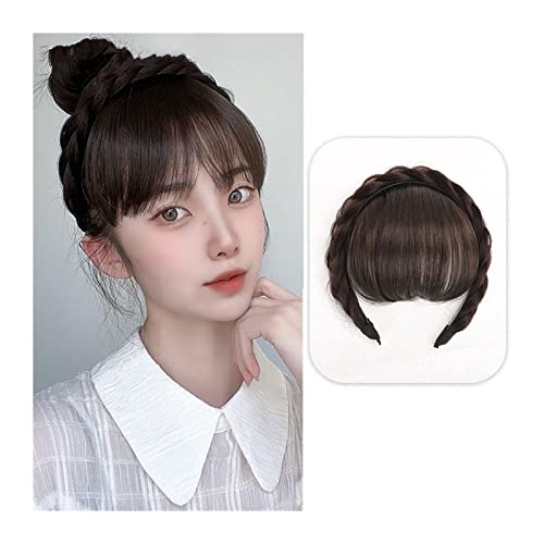 Pony Haarspange Front Hair Bangs Perücke Fransen Haarverlängerungen Synthetische Fake Pony Perücken mit zweireihigen Zöpfen Stirnband Haarschmuck for Frauen Mädchen Haarstücke (Color : Brown black) von WAOCEO