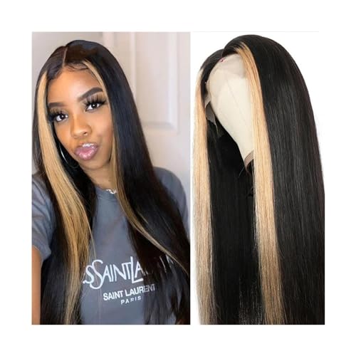 perücke Straight Hair 13x4 Lace Frontal Wig 1B/27 Ombre Highlight Human Hair Wigs for Black Women 8-30inch Straight Transparent Lace Front Wigs Kunstfaserhaar (Color : 1B/27 150 density, Size : 24in von WAOCEO
