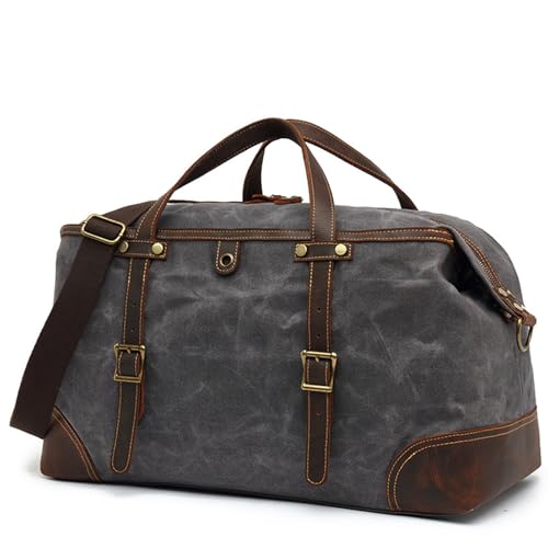 Canvas Leder Handtasche Travel Reisetasche Sporttasche Fitnessstudent Bag Männer Leder Große Kapazität Weekender Über Nacht Gepäck Umhängetasche Dark Gray von WAOYANM