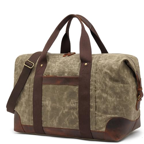 Handtasche Vintage Canvas Reisetasche Sporttasche Fitnesstasche Männer Frauen Leinwand Leder großer Kapazität Weekender Urlaub Gepäck Umhängetasche ArmyGreen von WAOYANM