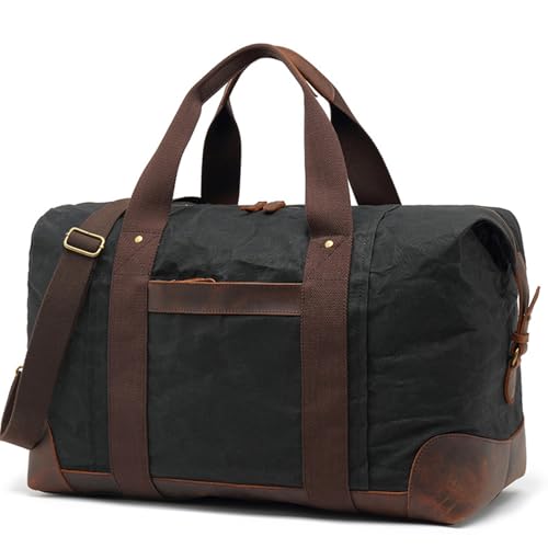 Handtasche Vintage Canvas Reisetasche Sporttasche Fitnesstasche Männer Frauen Leinwand Leder großer Kapazität Weekender Urlaub Gepäck Umhängetasche Black von WAOYANM