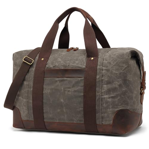 Handtasche Vintage Canvas Reisetasche Sporttasche Fitnesstasche Männer Frauen Leinwand Leder großer Kapazität Weekender Urlaub Gepäck Umhängetasche Dark Gray von WAOYANM