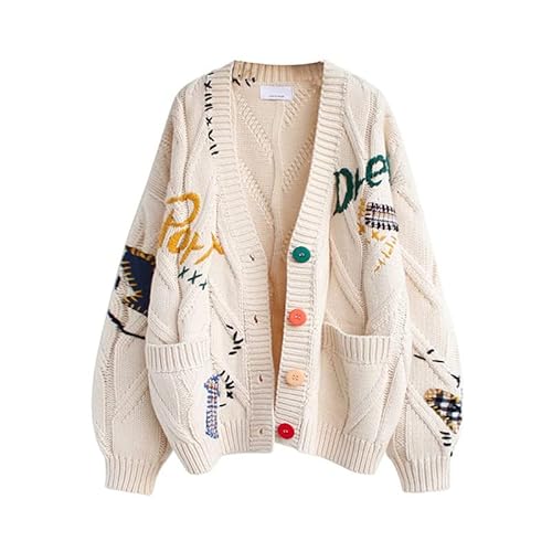 Damen Kawaii Cardigan Pullover Bestickt Strick Langarm Strickjacken Regenbogen Knopf Pullover Mantel Outwear, Beige, X-Groß von WAQIA