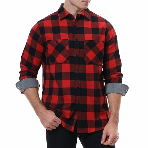 WARHORSEE Flanellhemd für Herren Langarm Regular Fit Button Down Casual Plaid Hemd, Ein rot/schwarzer Büffel, L von WARHORSEE
