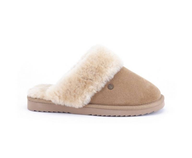 WARMBAT Pantoffel Flurry Suede mit Merino Schaffell camelbraun Damen Hausschuh von WARMBAT