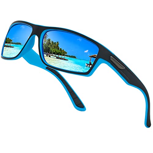 WASAIKKU Polarisierte Sonnenbrille für Männer Frauen Sport Sonnenbrille Radfahren Fahren Angeln Herren Sonnenbrille mit UV-Schutz, Schwarzer Rahmen mit blauer Linse, 0 von WASAIKKU