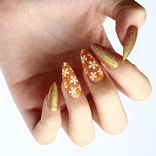 24 Stück Glitzernde Vollabdeckungen Zum Aufkleben Der Nägel Künstliche Nägel Mittelgroß Mandel Falschnägel Blumen Press On Nägel Für Frauen von WASTEBIN